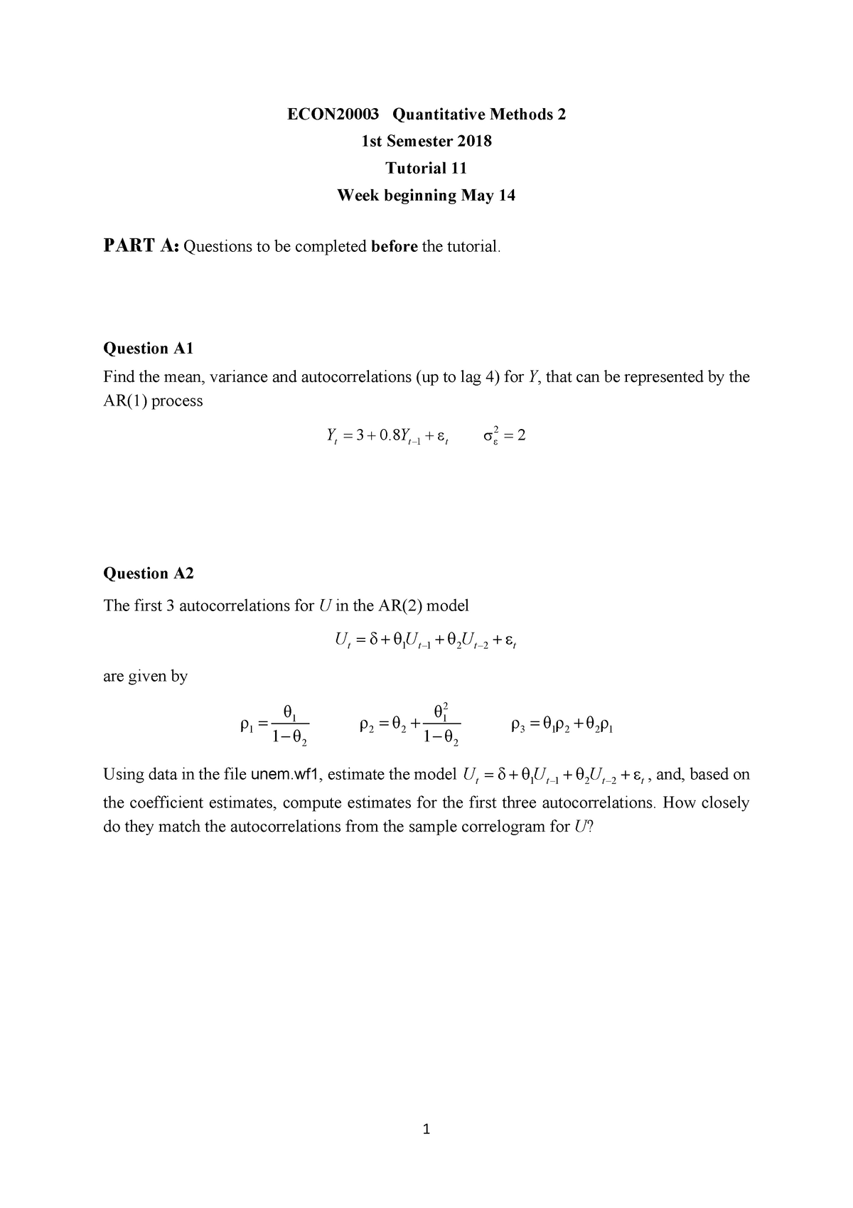 Tutorial 11 - TUT11 - ECON20003 Quantitative Methods 2 1st Semester ...