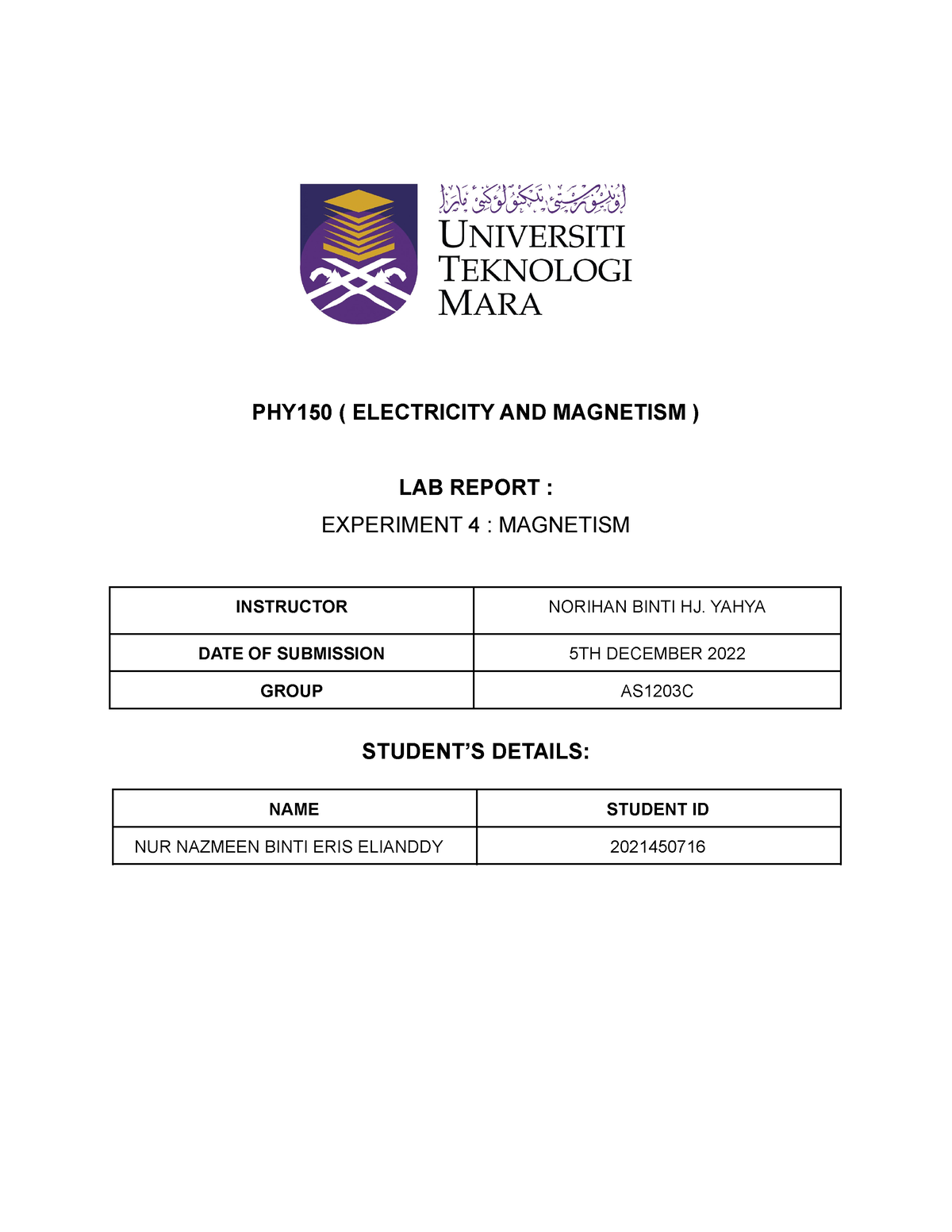 lab report magnetism assignment