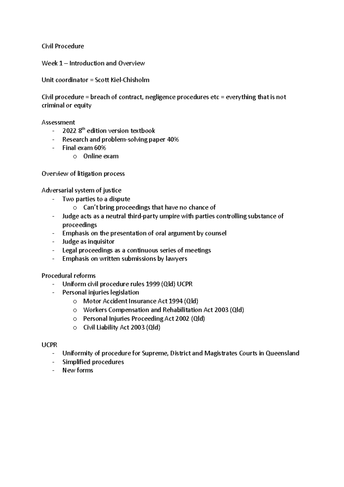 Week 1 Civil - week 1 lecture notes - Civil Procedure Week 1 ...