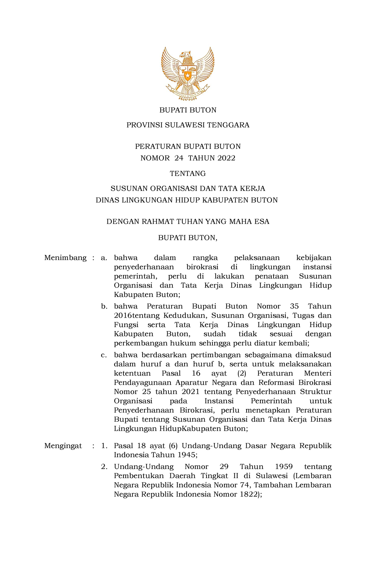 Perbup Nomor 24 Tahun 2022 Susunan Organisasi DAN TATA Kerja Dinas ...