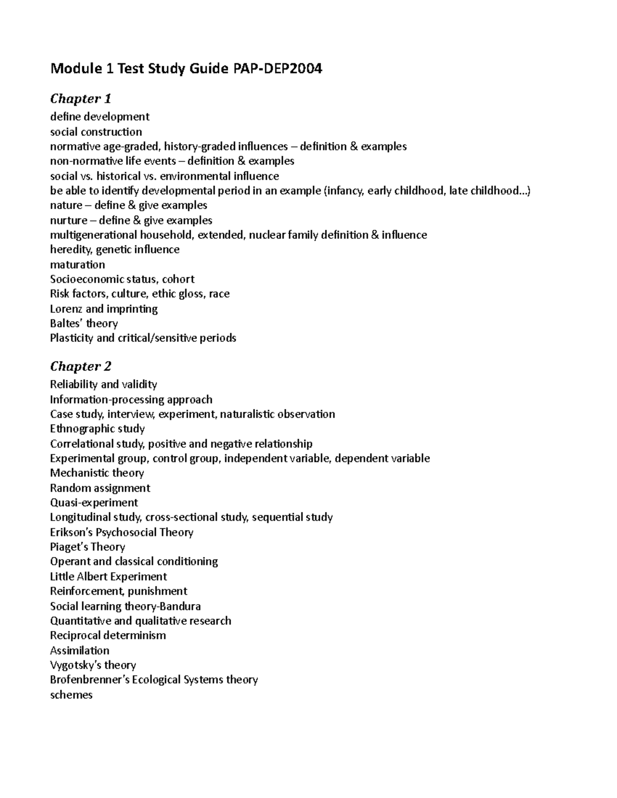 Module 1 Test (Chapters 1-2) Study Guide PAP-DEP2004 VCC - Module 1 ...