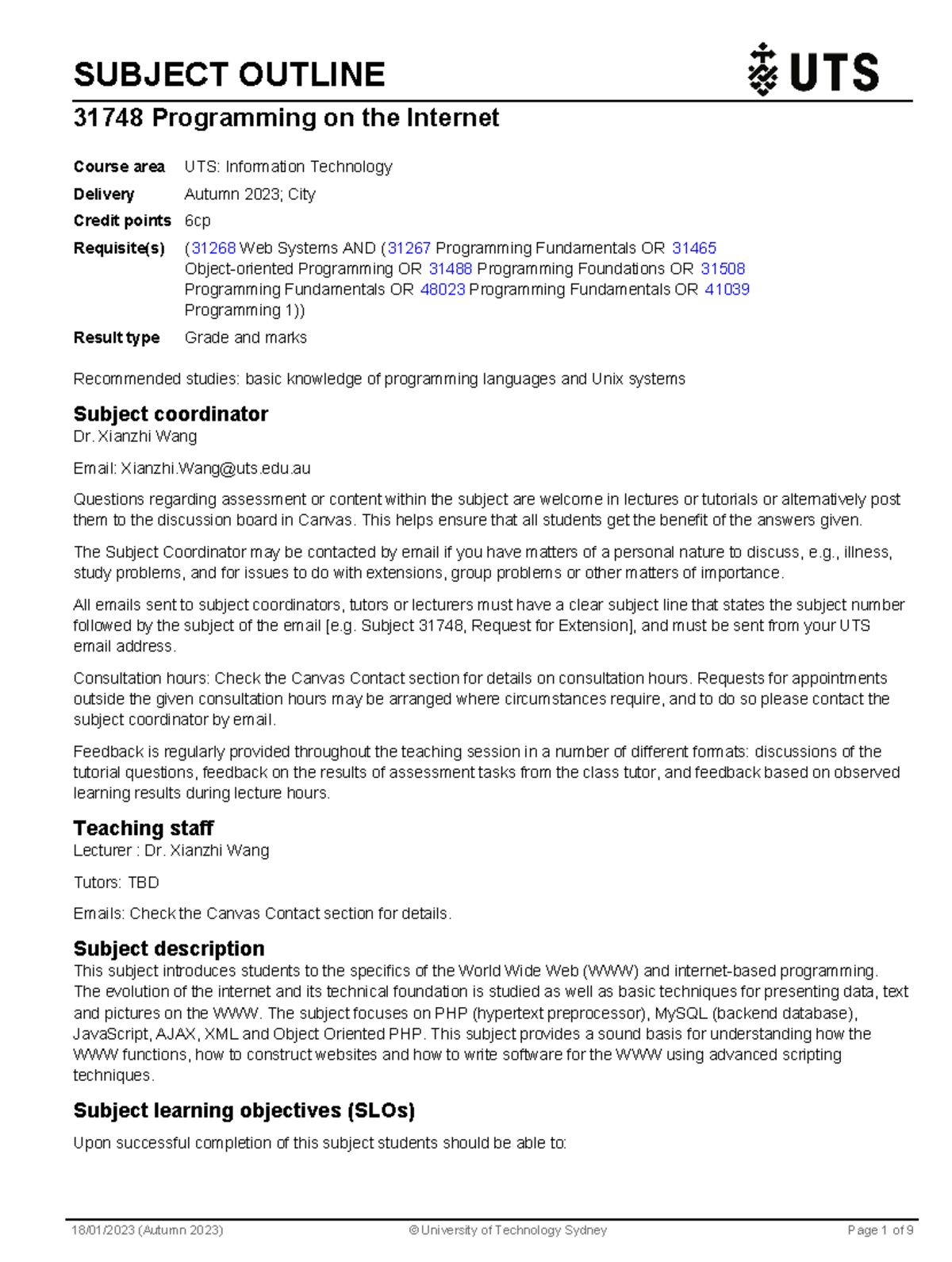 Engineering Project Management - SUBJECT OUTLINE 31748 Programming on ...