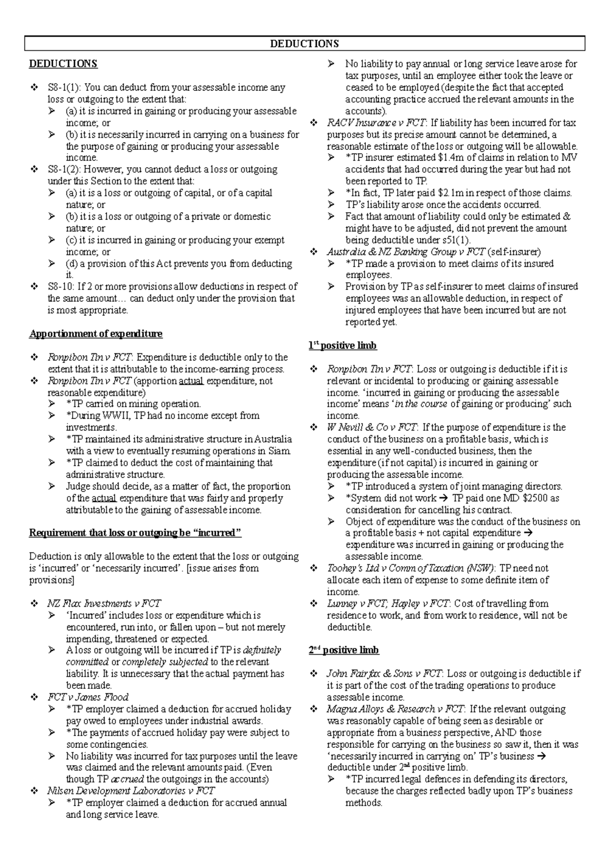 Tax 5 - DEDUCTIONS S8-1(1): You can deduct from your assessable income ...