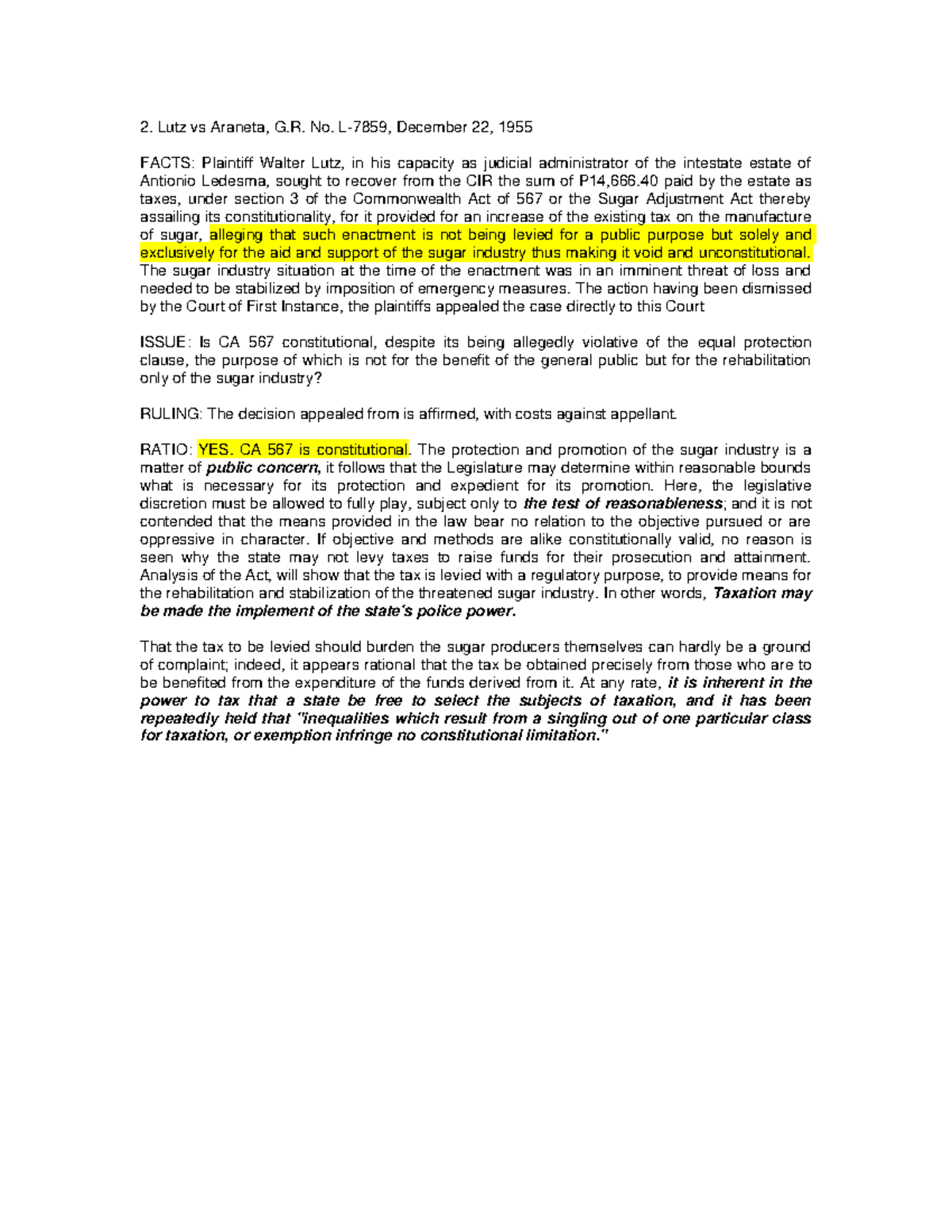 Lutz v Araneta Taxation - Lutz vs Araneta, G. No. L-7859, December 22 ...