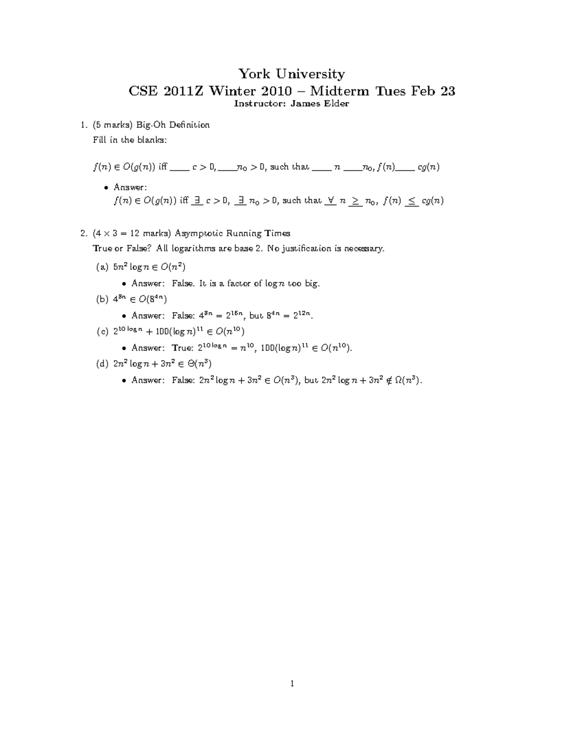 Midterm exam, questions and answers - York University CSE 2011Z Winter ...