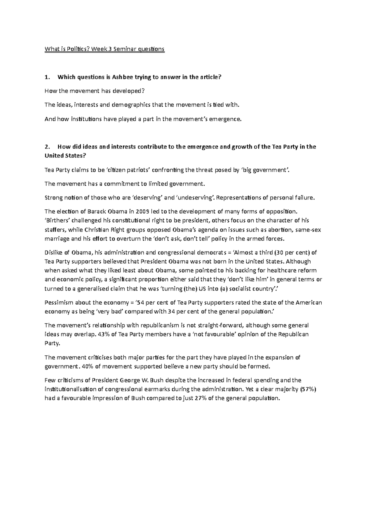 Week 3 Seminar Notes - What is Politics? Week 3 Seminar questions 1 ...