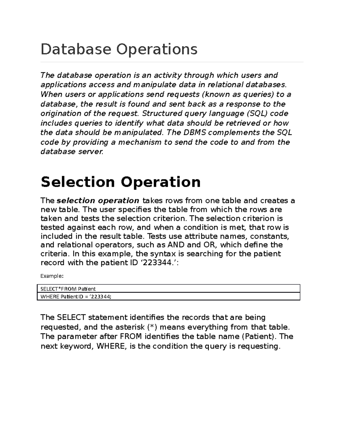 Module 19 Database Operations - Database Operations The database ...