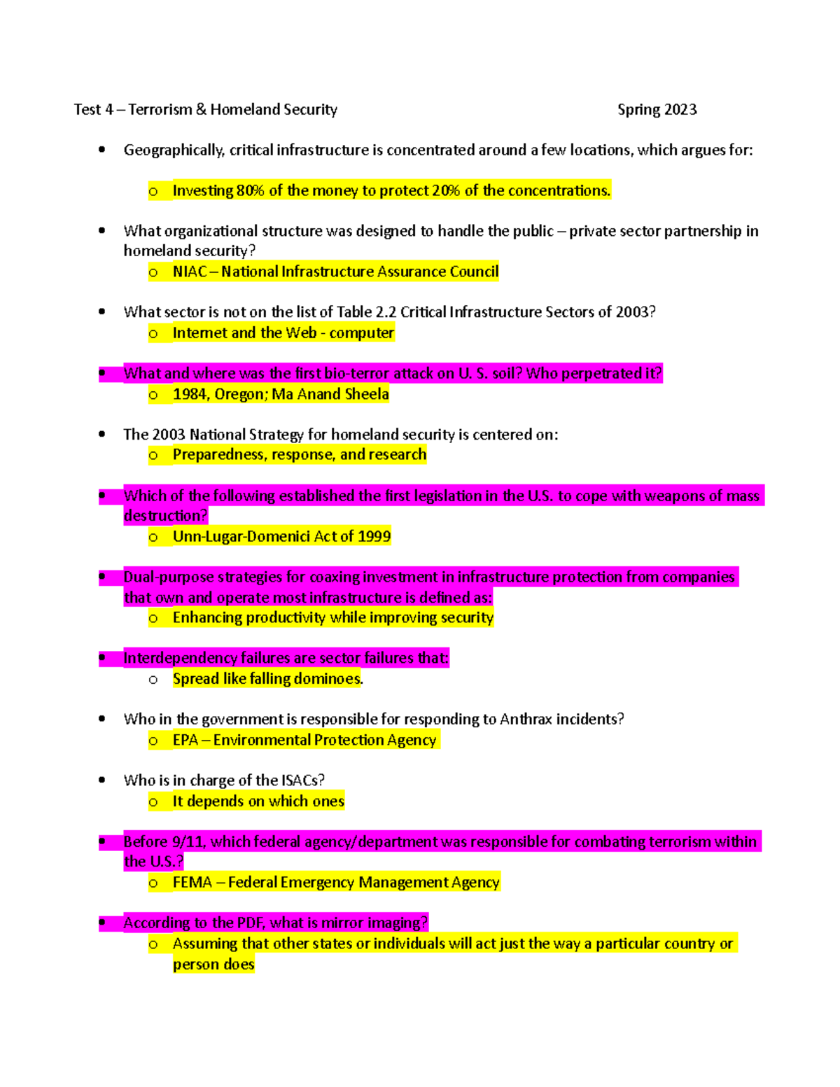 Test 4 Terrorism and National Security Test 4 Terrorism