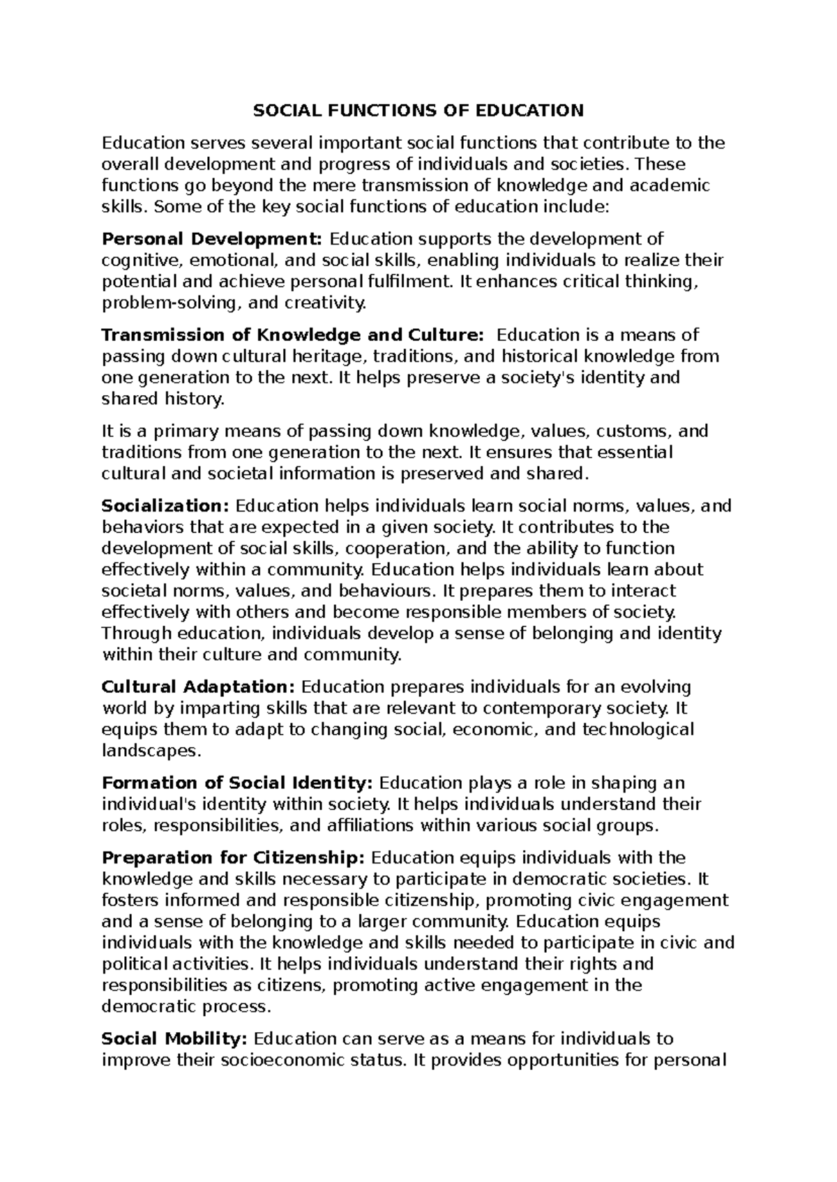 EDN Social Functions OF Education SOCIAL FUNCTIONS OF EDUCATION