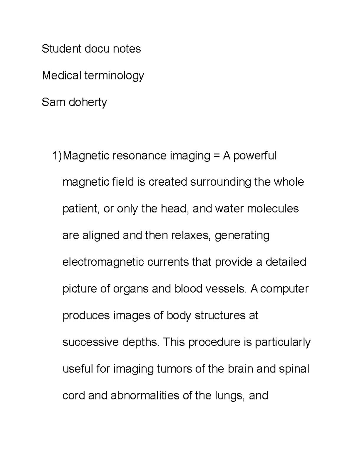 18 - notes - Student docu notes Medical terminology Sam doherty 1 ...