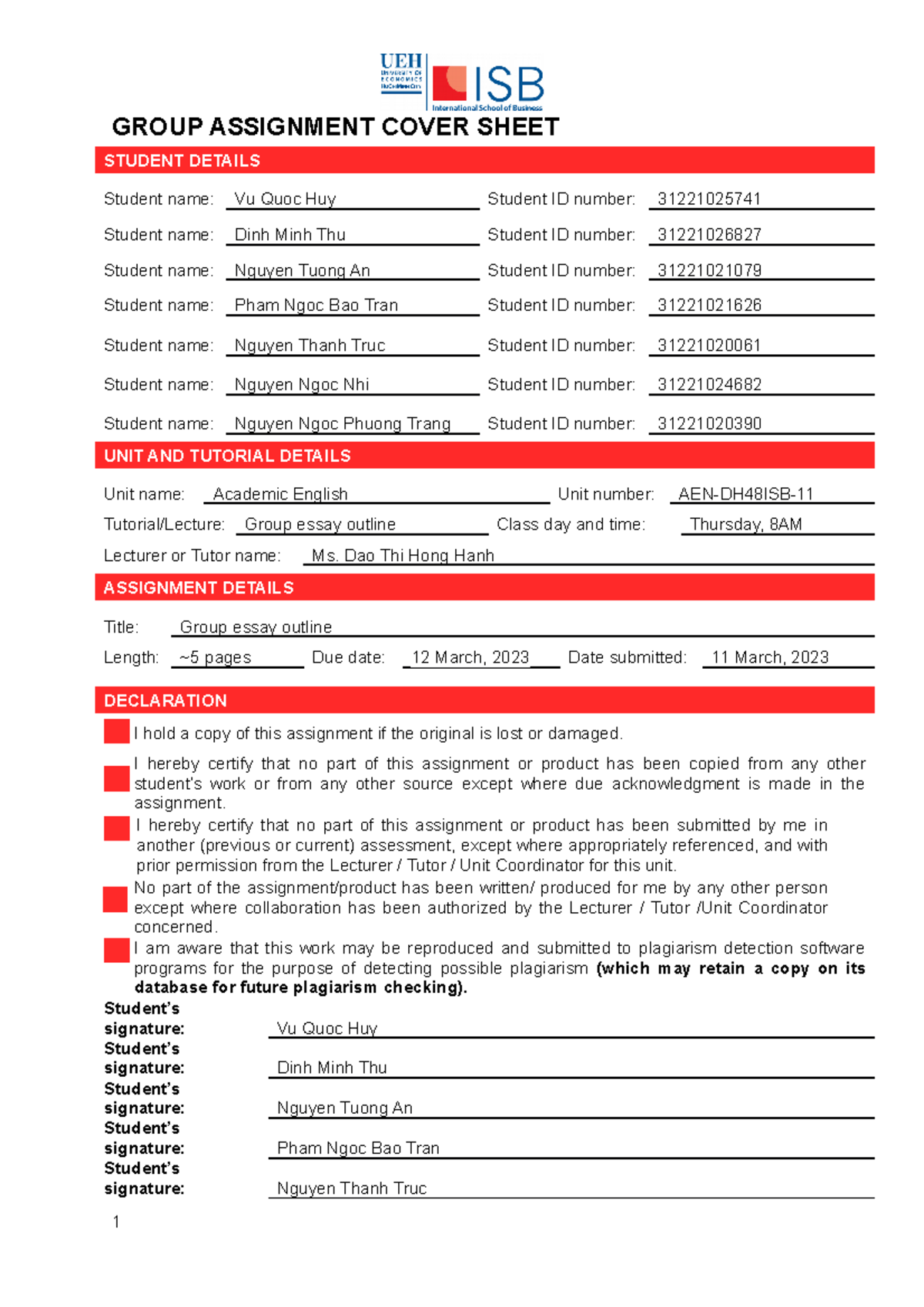 AEn11 G5 Essay Outline - GROUP ASSIGNMENT COVER SHEET ####### STUDENT ...