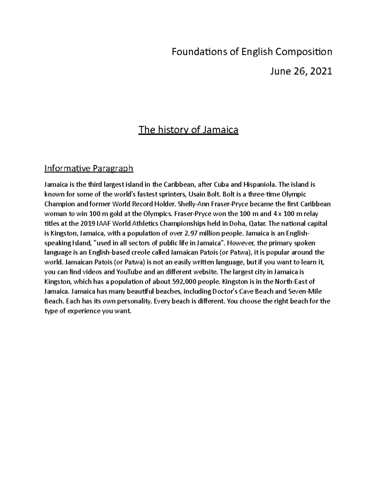 Touchstone 1 Essay Foundations of English Composition June 26, 2021