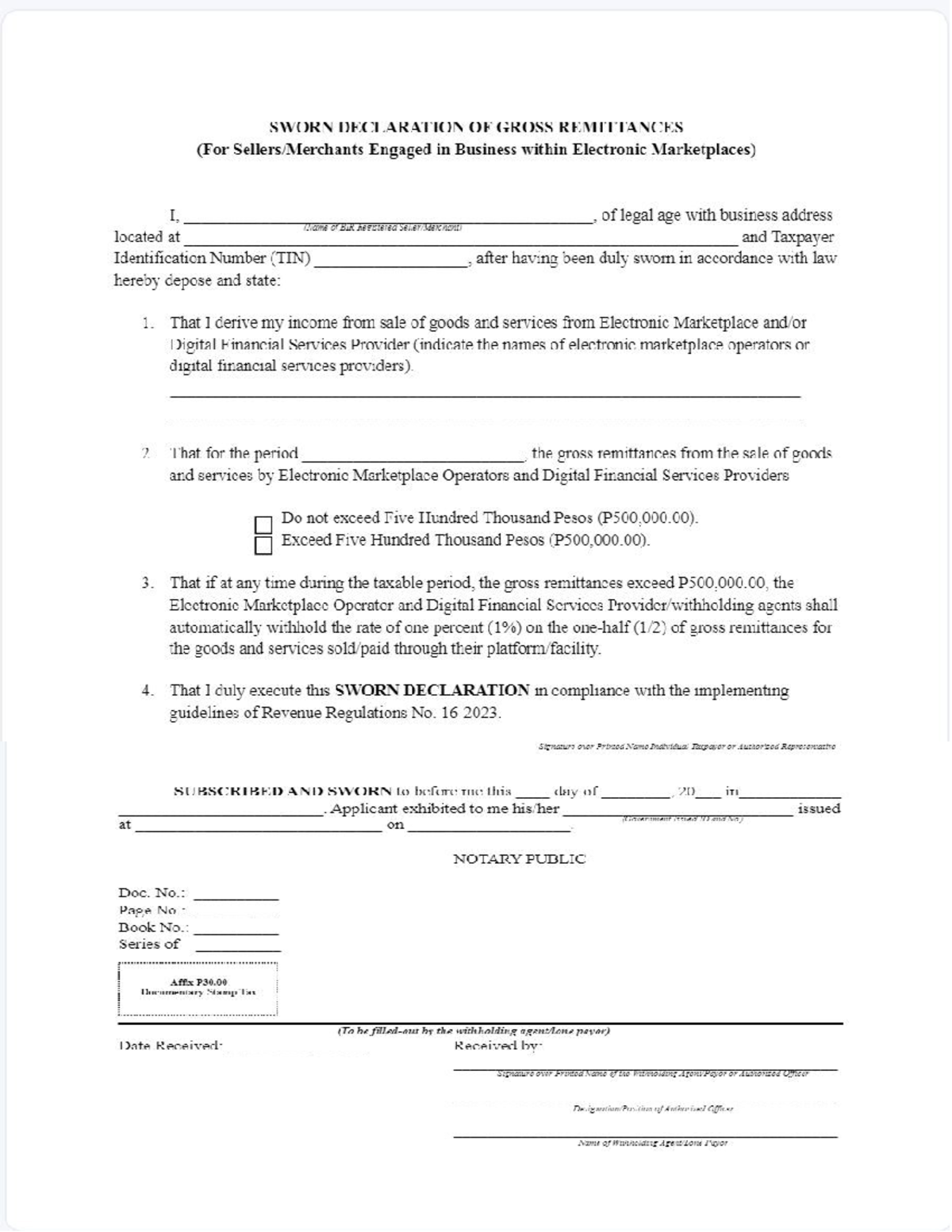 Doc1 - SWORN DECLARATION OF GROSS REMITTANCES (For Engaged in Business ...