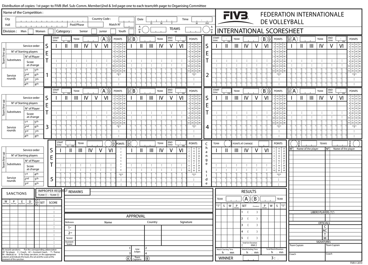 International Scoresheet FIVB REMARKS FEDERATION INTERNATIONALE