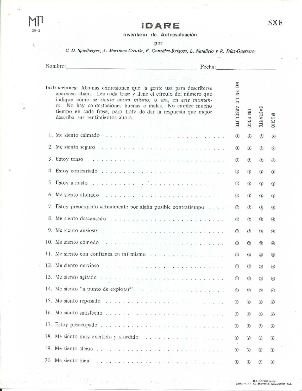 Idare. Inventario de Ansiedad Rasgo-Estado - Técnicas E Instrumentos ...