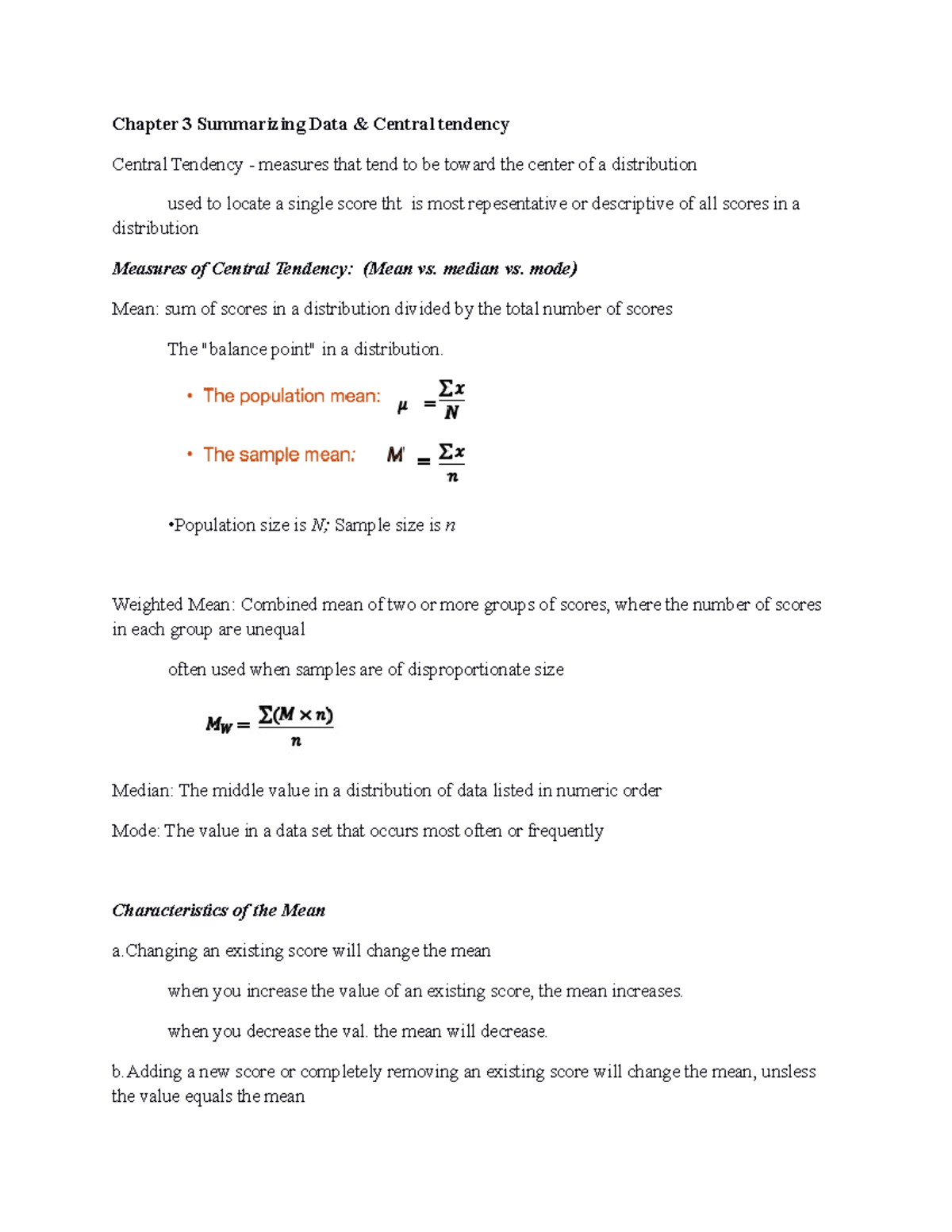 Chapter 3 notes - Chapter 3 Summarizing Data Central tendency Central ...