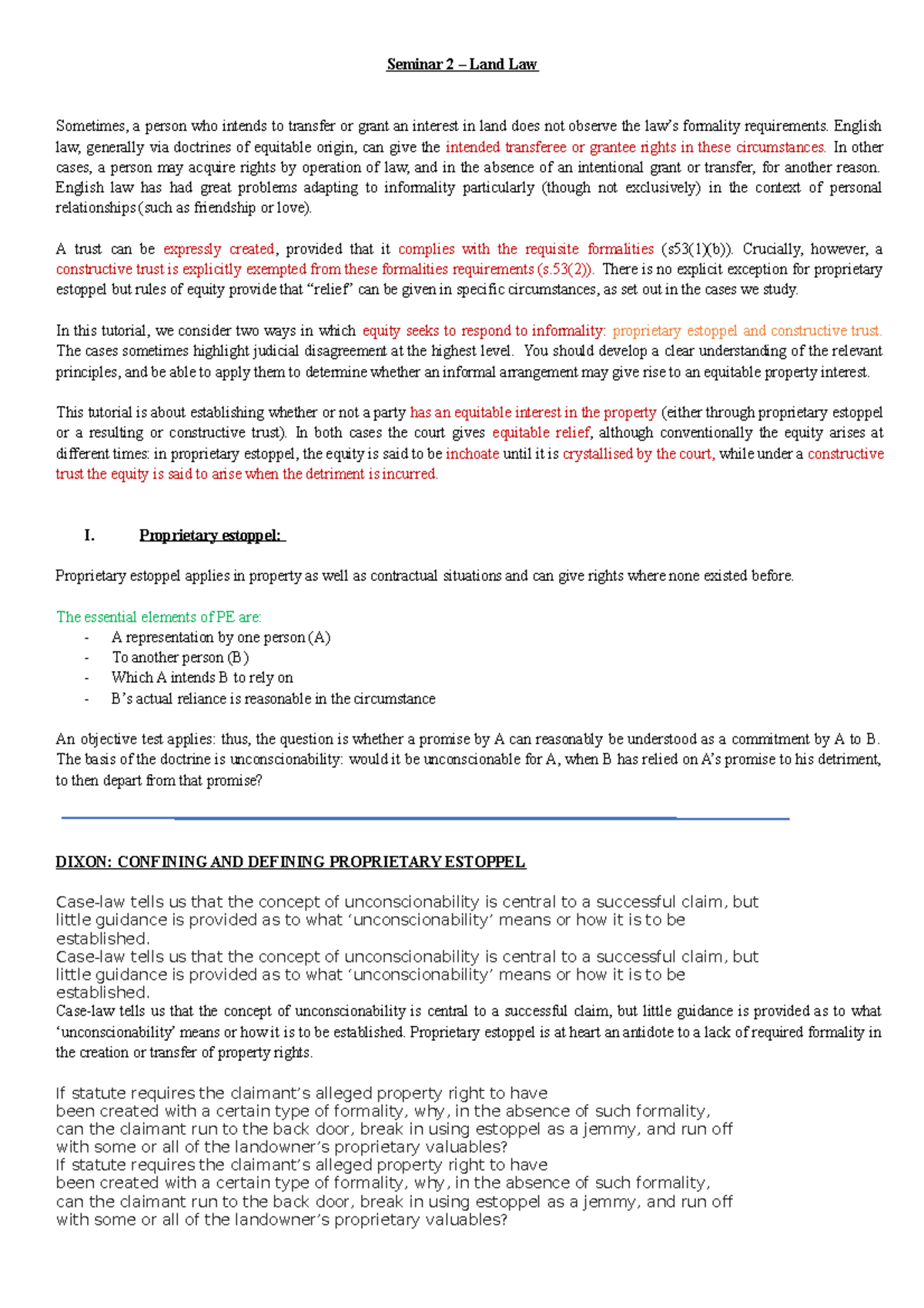 Land Law -Informally Acquired Interests incl proprietary estoppel and ...