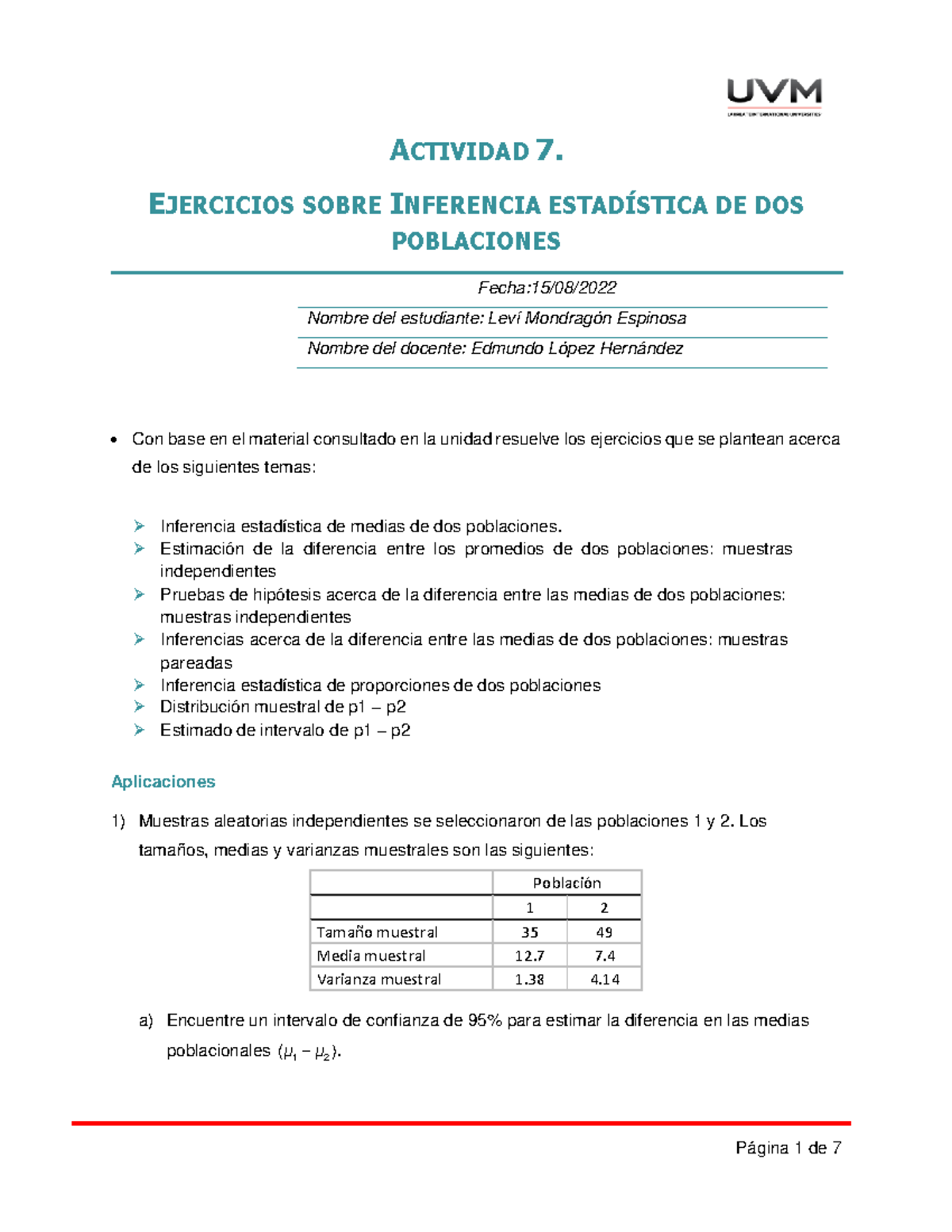 A7 LME - Actividad 7 De Estadistica Inferencial - ACTIVIDAD 7 ...