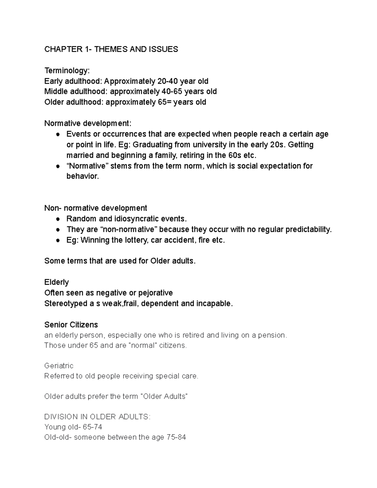 Psy 216 aging archae notes - CHAPTER 1- THEMES AND ISSUES Terminology ...