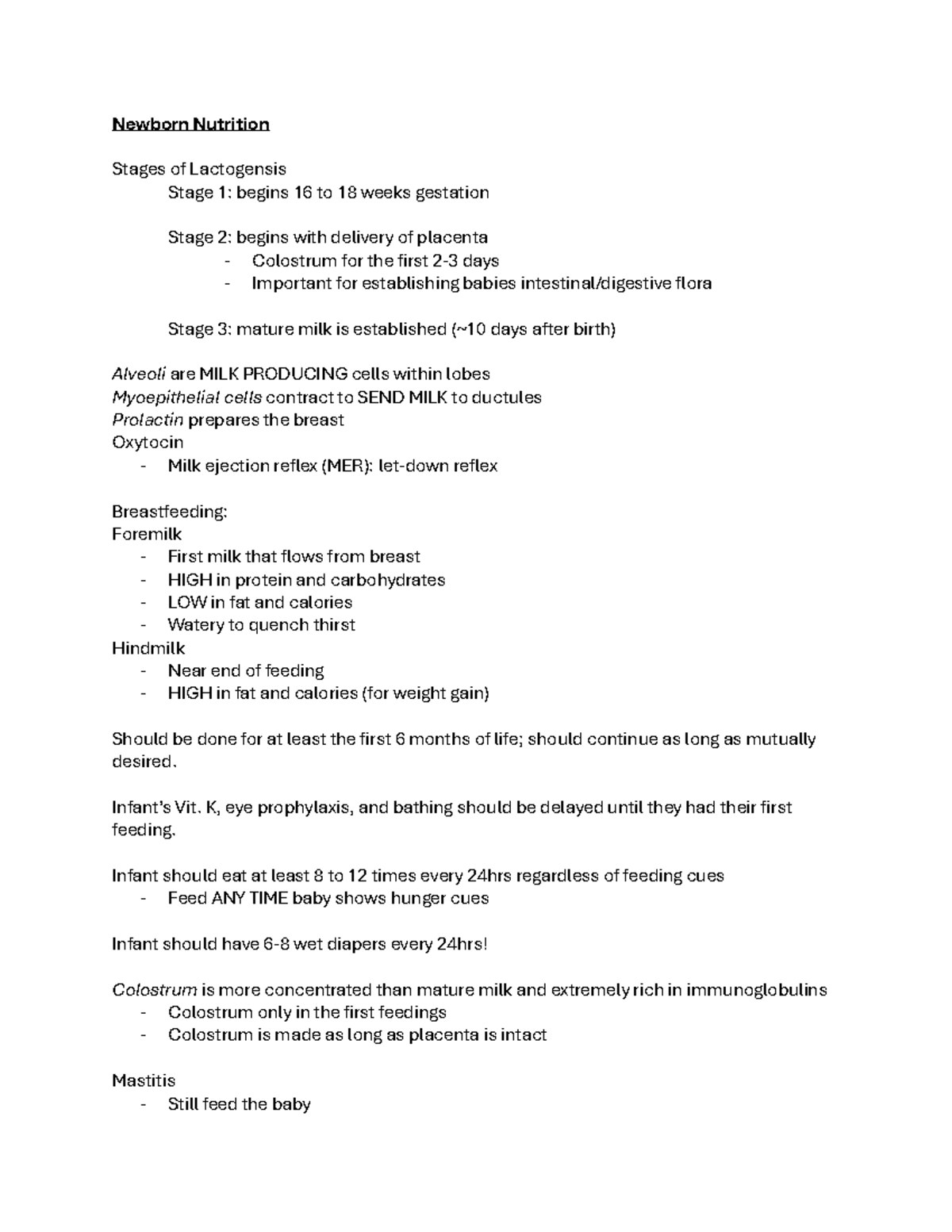 Maternity Exam 2 Study Guide - Newborn Nutrition Stages of Lactogensis ...