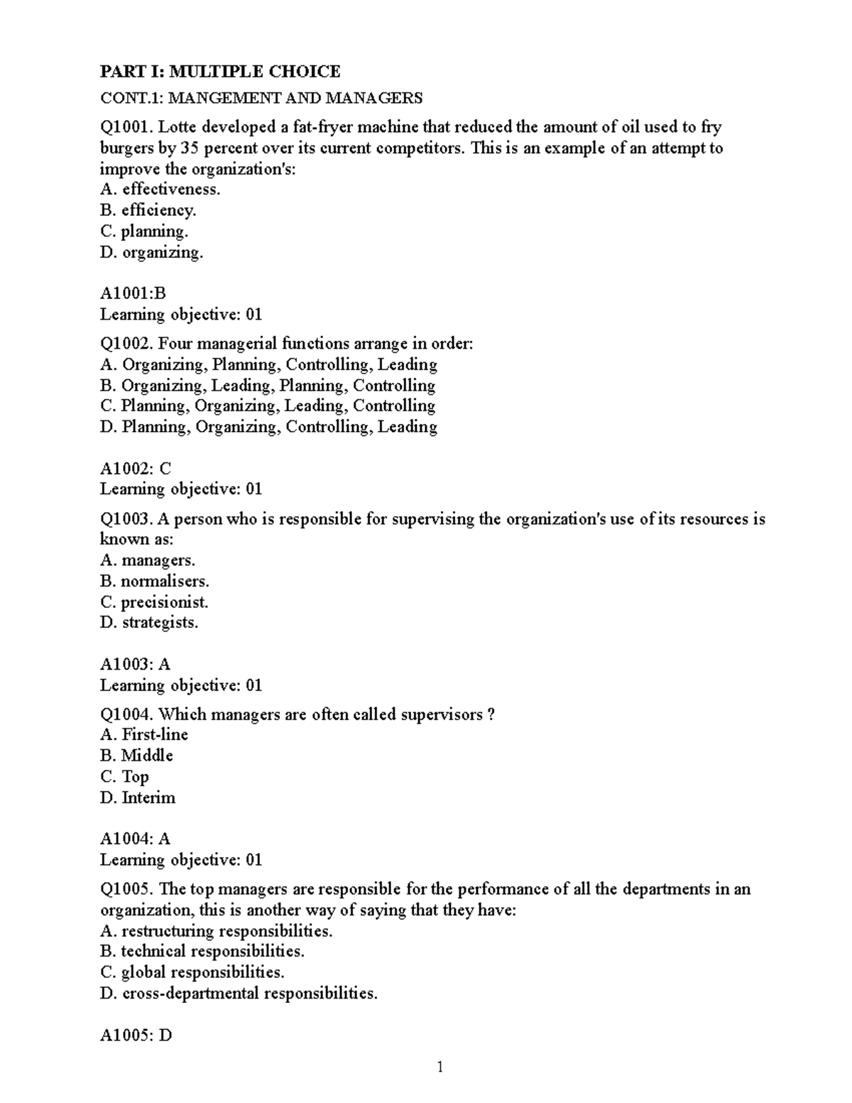 Đ.An đề Cương ôn Tập MGT 201 - PART I: MULTIPLE CHOICE CONT: MANGEMENT ...