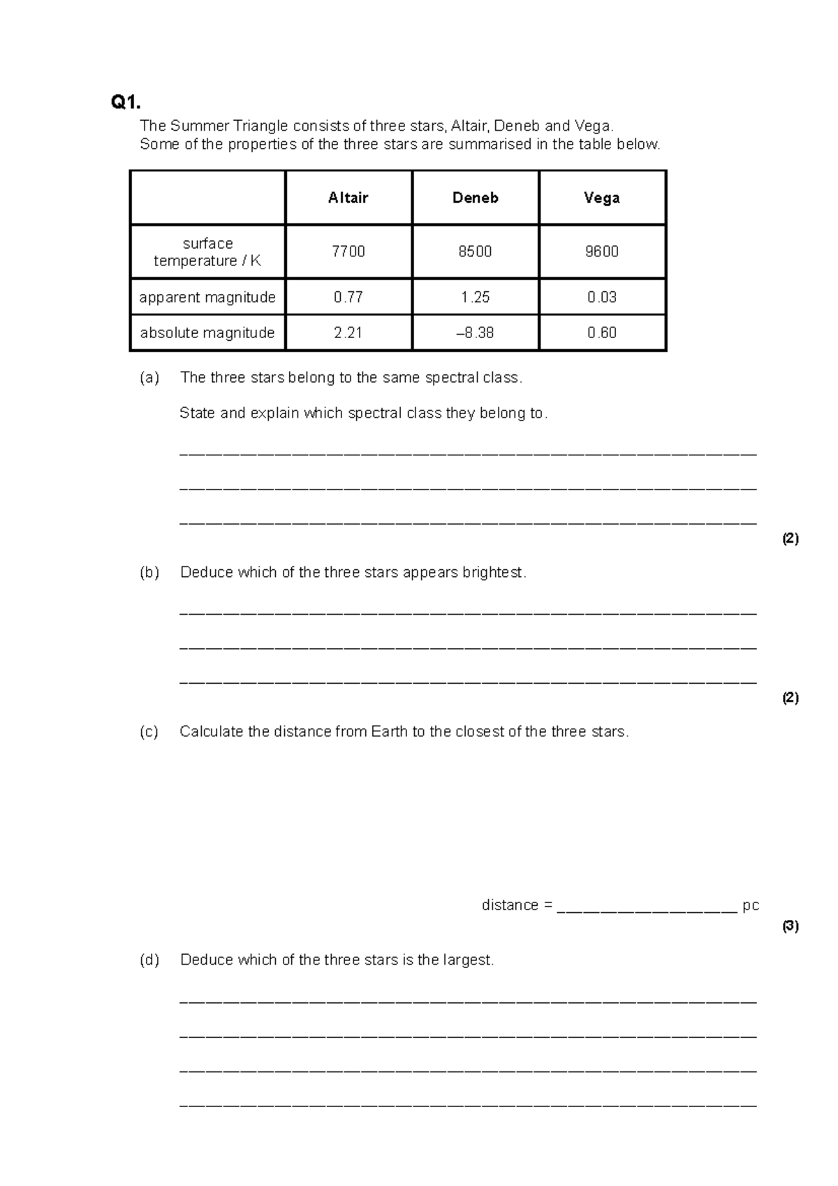 28 Astrophysics 2 Classification of stars questions - Q1. The Summer ...