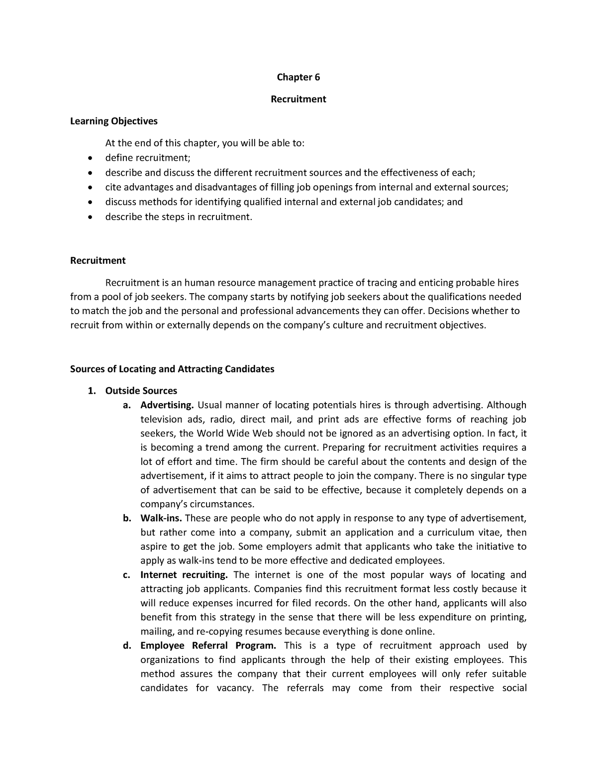 Chapter 6 - Recruitment - Chapter 6 Recruitment Learning Objectives At ...