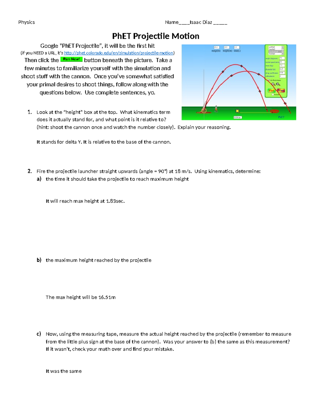 Projectile Motion Lab - Isaac Diaz - Physics Name____Isaac Diaz ...