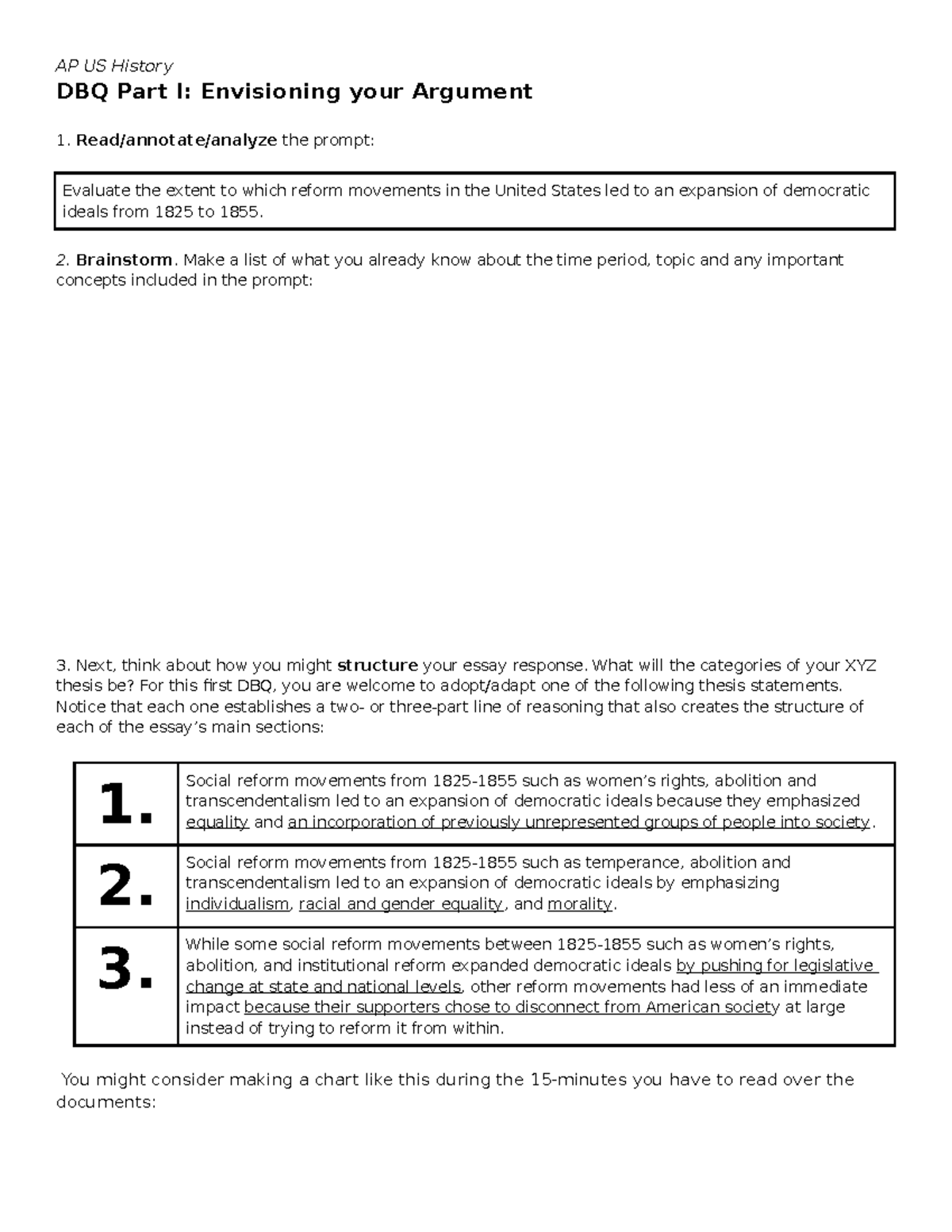 DBQ Planning Step 1.Envisioning Your Argument AP US History DBQ Part