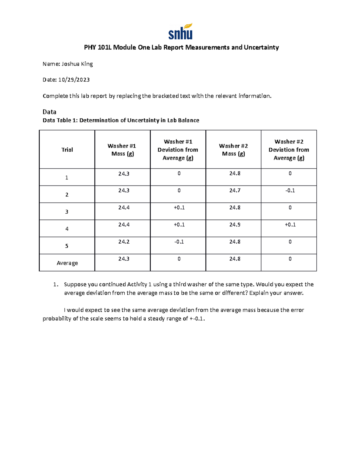 PHY 101L Module One Lab Report Measurements And Uncertainty - Data Data ...