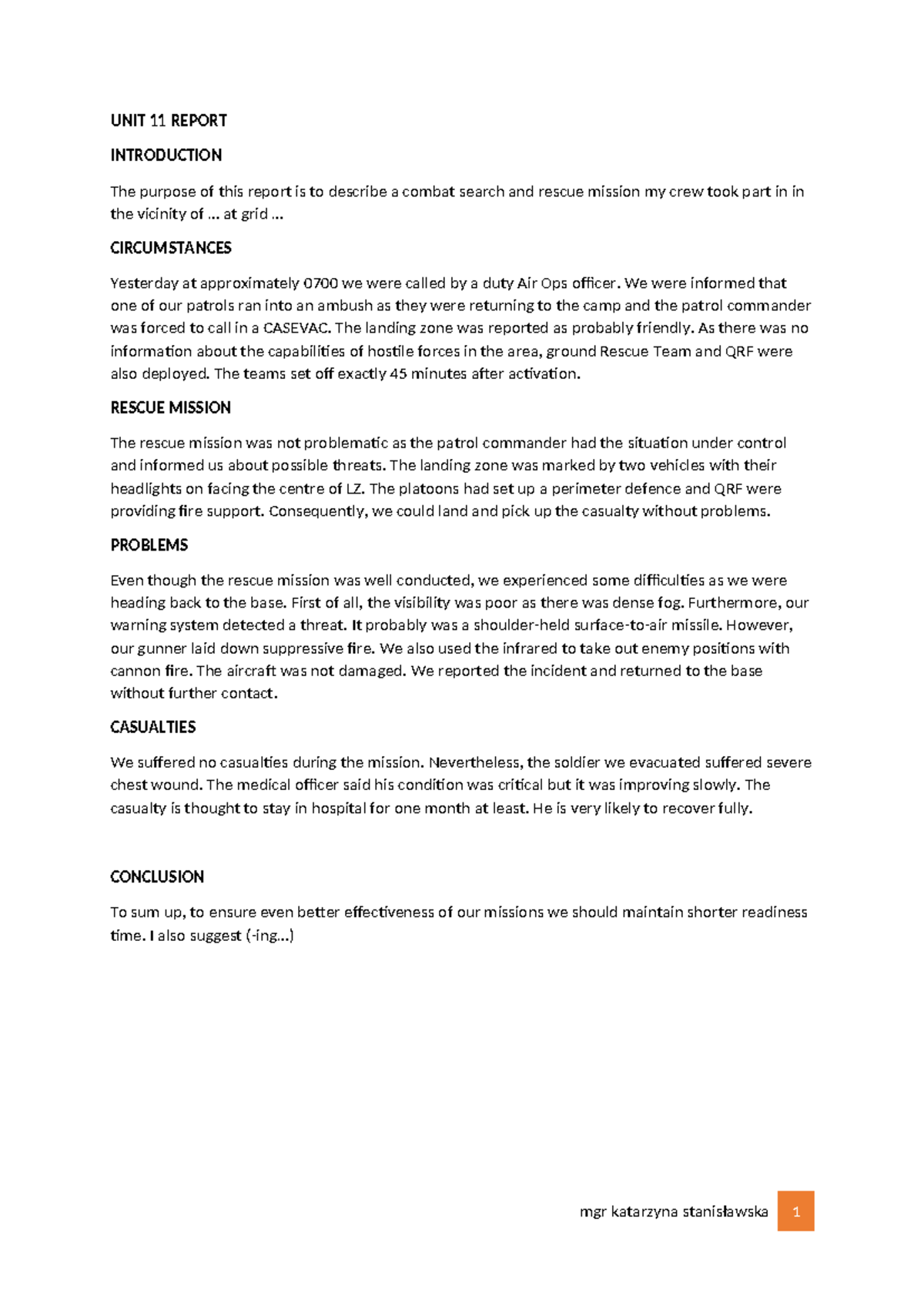 Incident report sample based on Campaign 2 U 11 - UNIT 11 REPORT ...