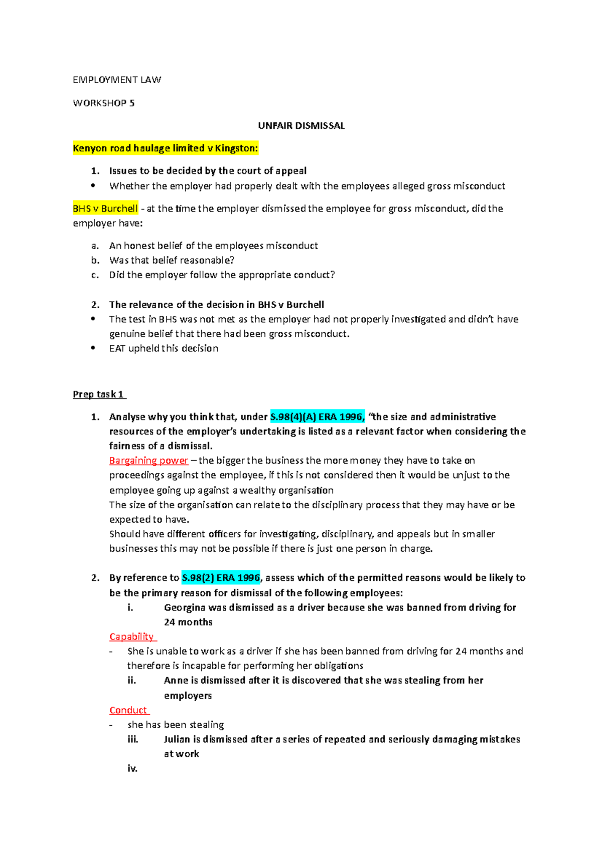 Workshop 5 Notes - EMPLOYMENT LAW WORKSHOP 5 UNFAIR DISMISSAL Kenyon ...