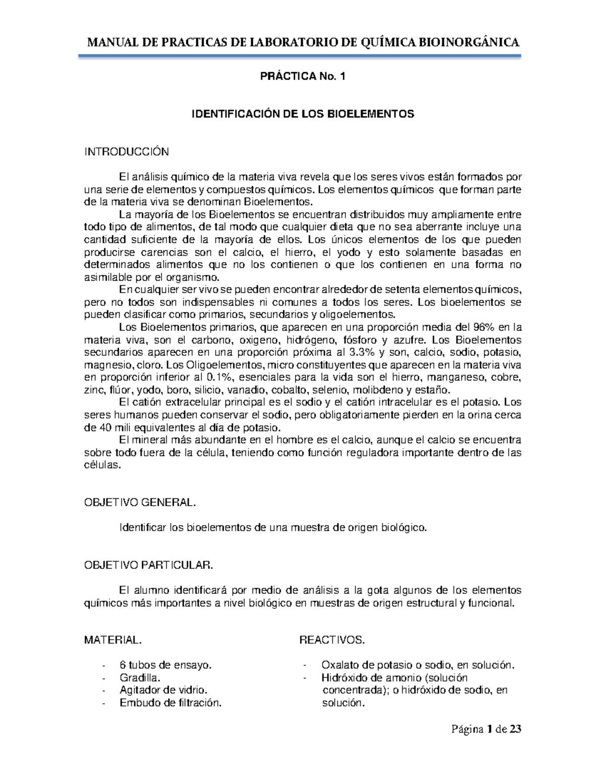 Manual bioinorganica 2020 - PRÁCTICA No. 1 IDENTIFICACIÓN DE LOS ...