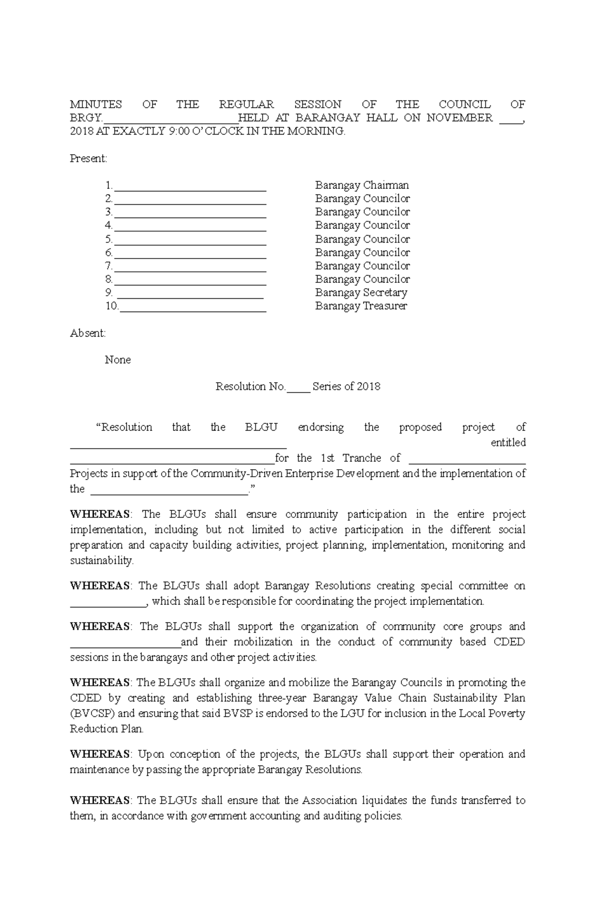 barangay resolution - MINUTES OF THE REGULAR SESSION OF THE COUNCIL OF ...