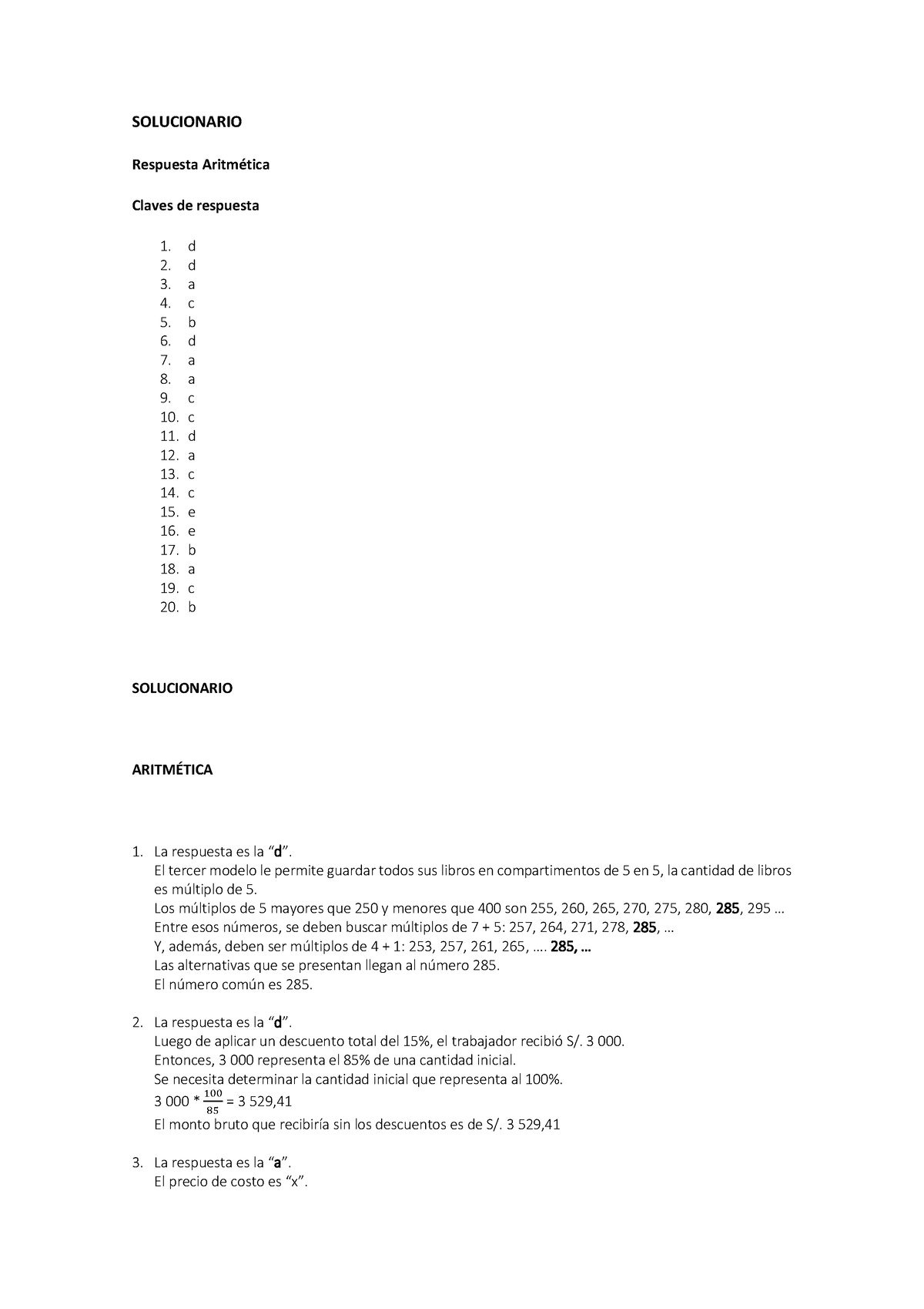 Solucionario Simulacro 4 - SOLUCIONARIO Respuesta Aritmética Claves De ...