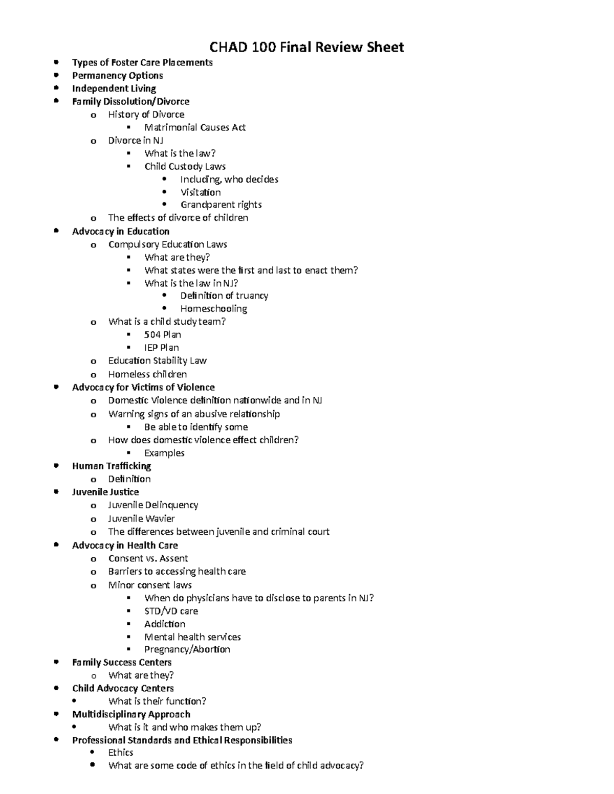 Final Notes Sheet - CHAD 100 Final Review Sheet Types of Foster Care ...
