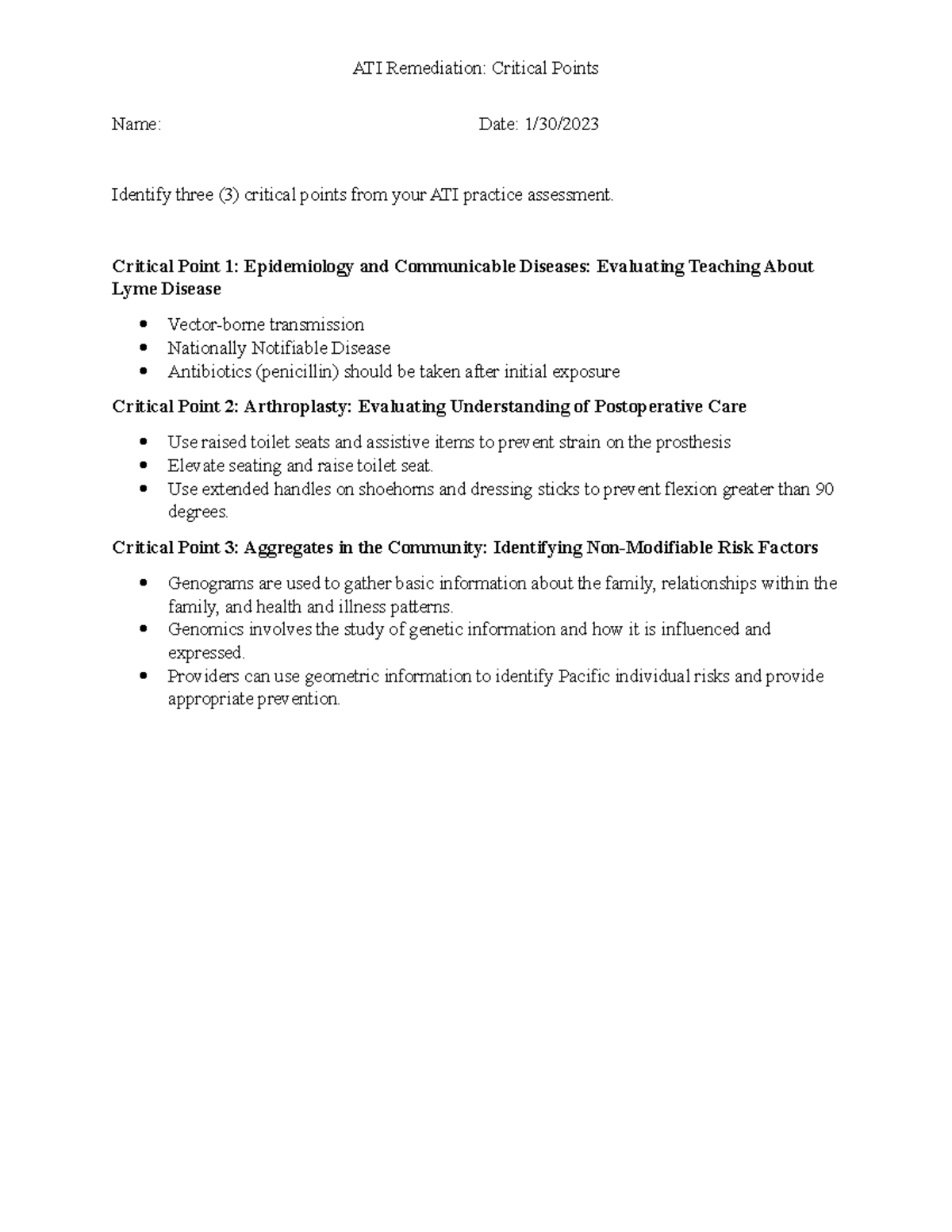 ATI Critical Points Practice A - ATI Remediation: Critical Points Name ...