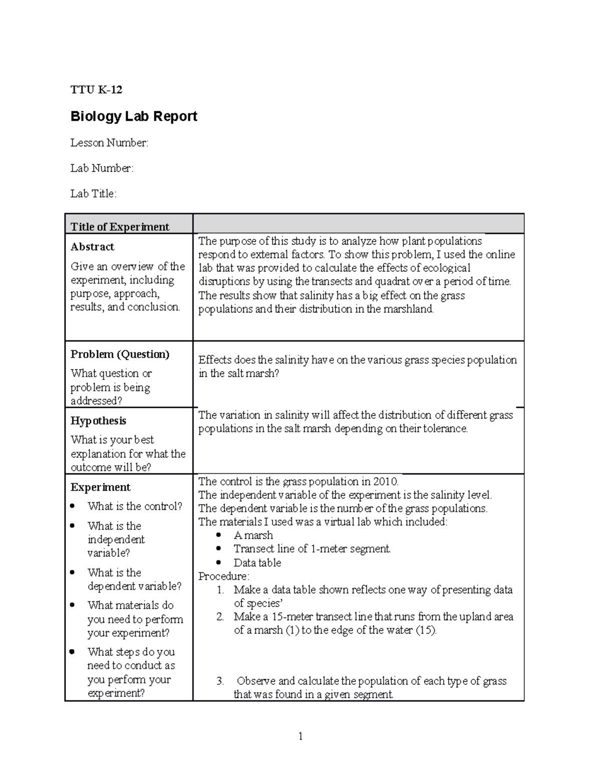 Lesson 3 Lab BIO - biology assignment - TTU K- Biology Lab Report ...