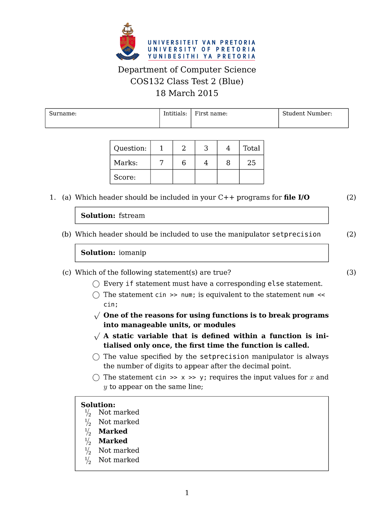 Class Test 2Blue MEMO - Department of Computer Science COS132 Class ...