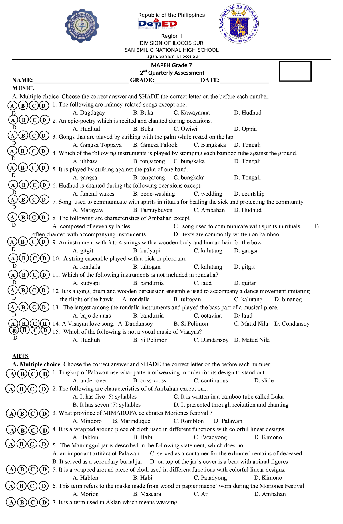 Second Quarter Mapeh 7 - Republic of the Philippines Region I DIVISION ...