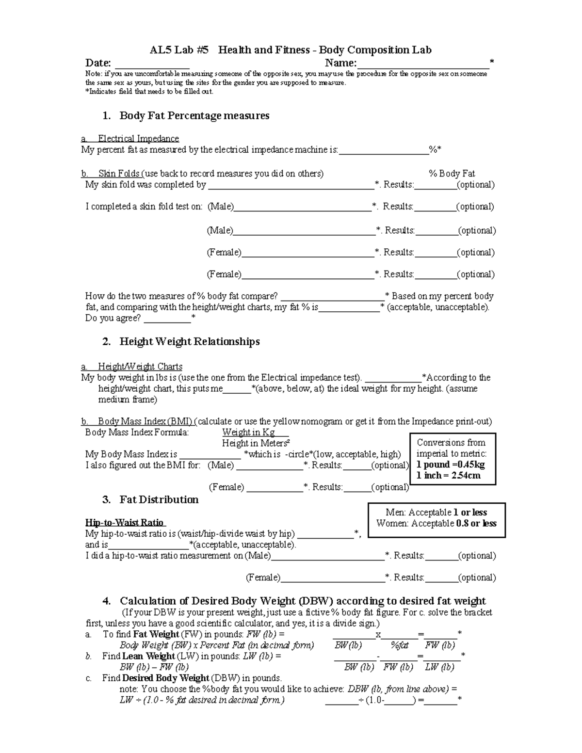 Lab 5 Body Composition ki AL5 Lab 5 Health and Fitness Body Composition Lab Date Studocu