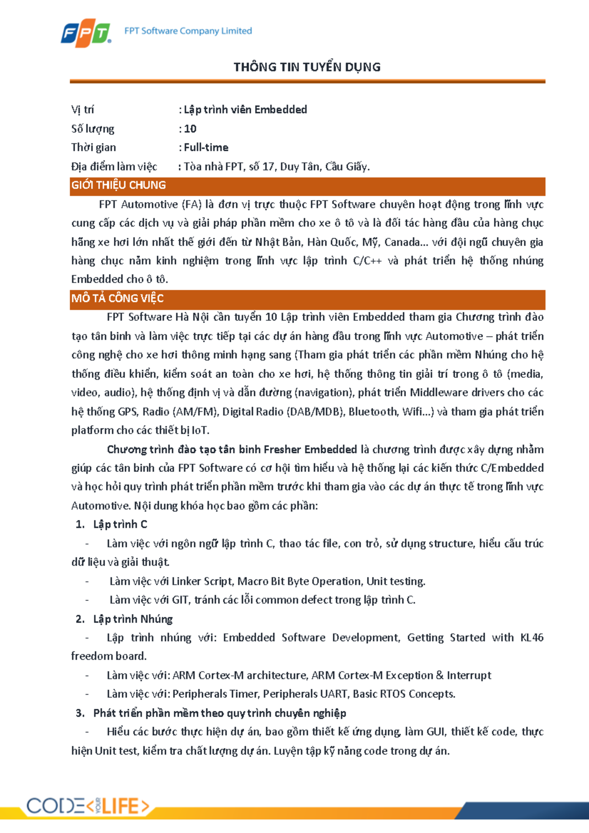 [FPT Software] JD Fresher Embedded - THÔNG TIN TUYỂN DỤNG Vị trí : Lập ...