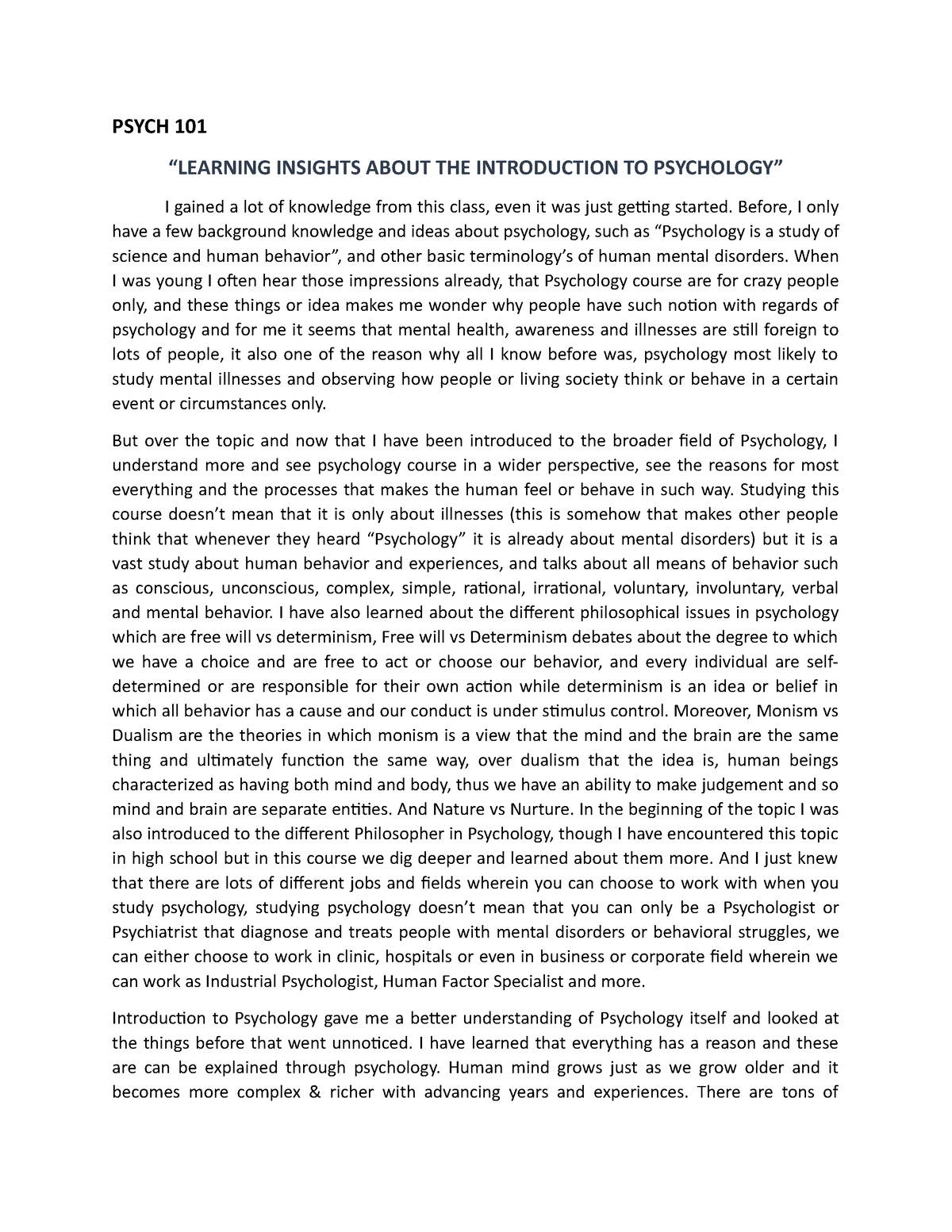 essay introduction to psychology