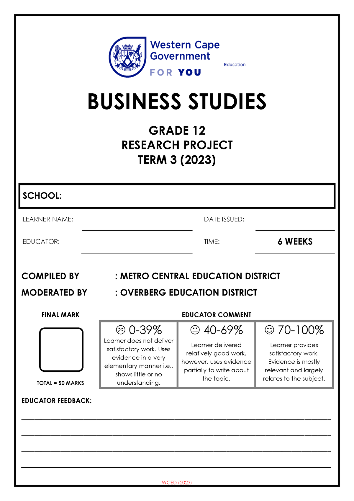 business studies grade 12 research project term 3 2023 memo