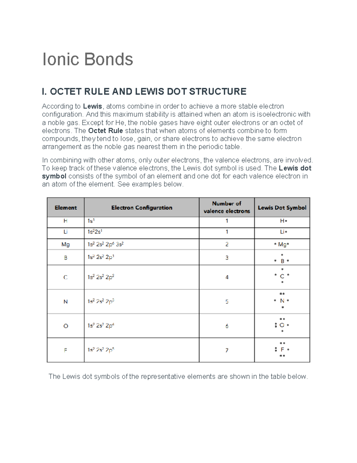 Ionic Bonds - OCTET RULE AND LEWIS DOT STRUCTURE According to Lewis ...