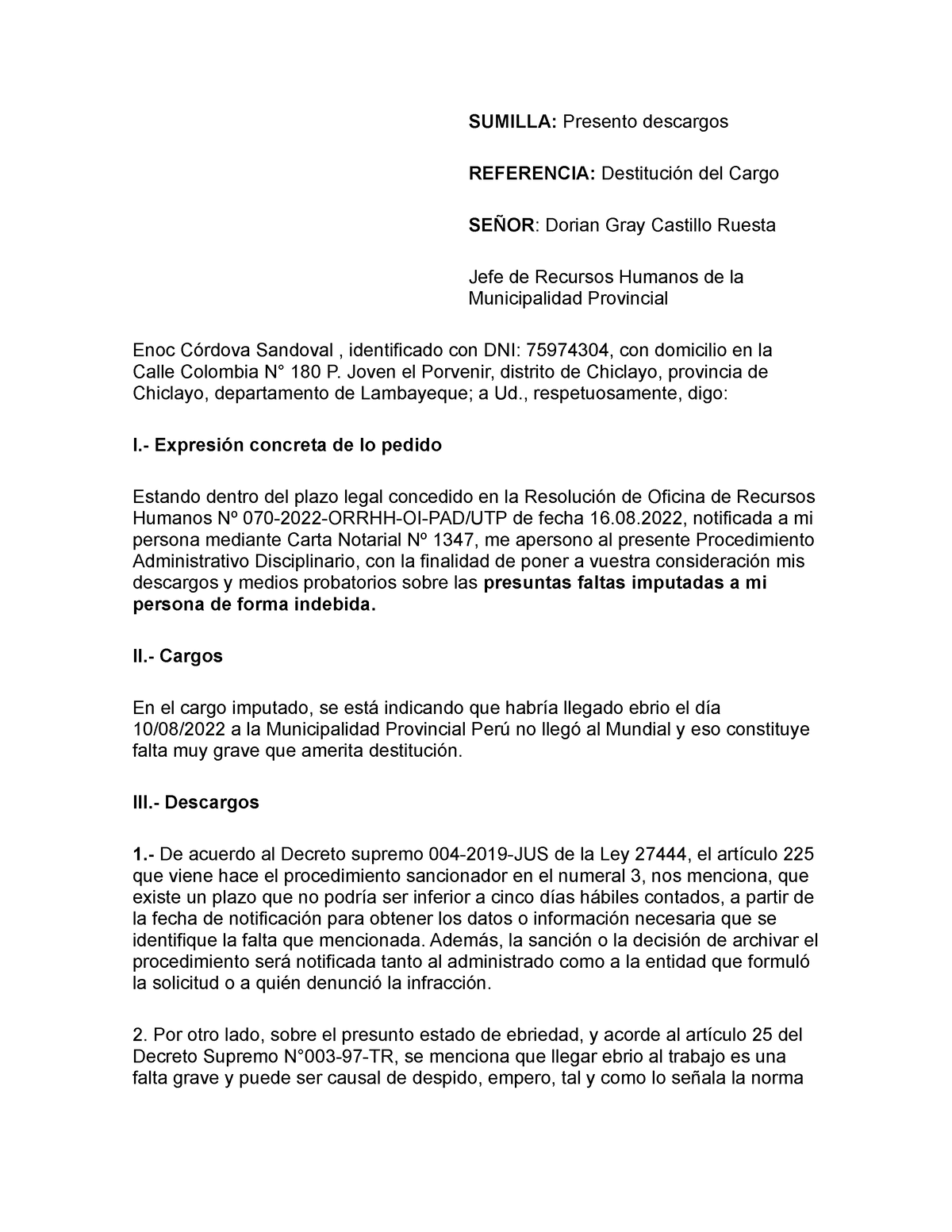 Modelo De Escrito De Descargo Del Trabajador Escrito