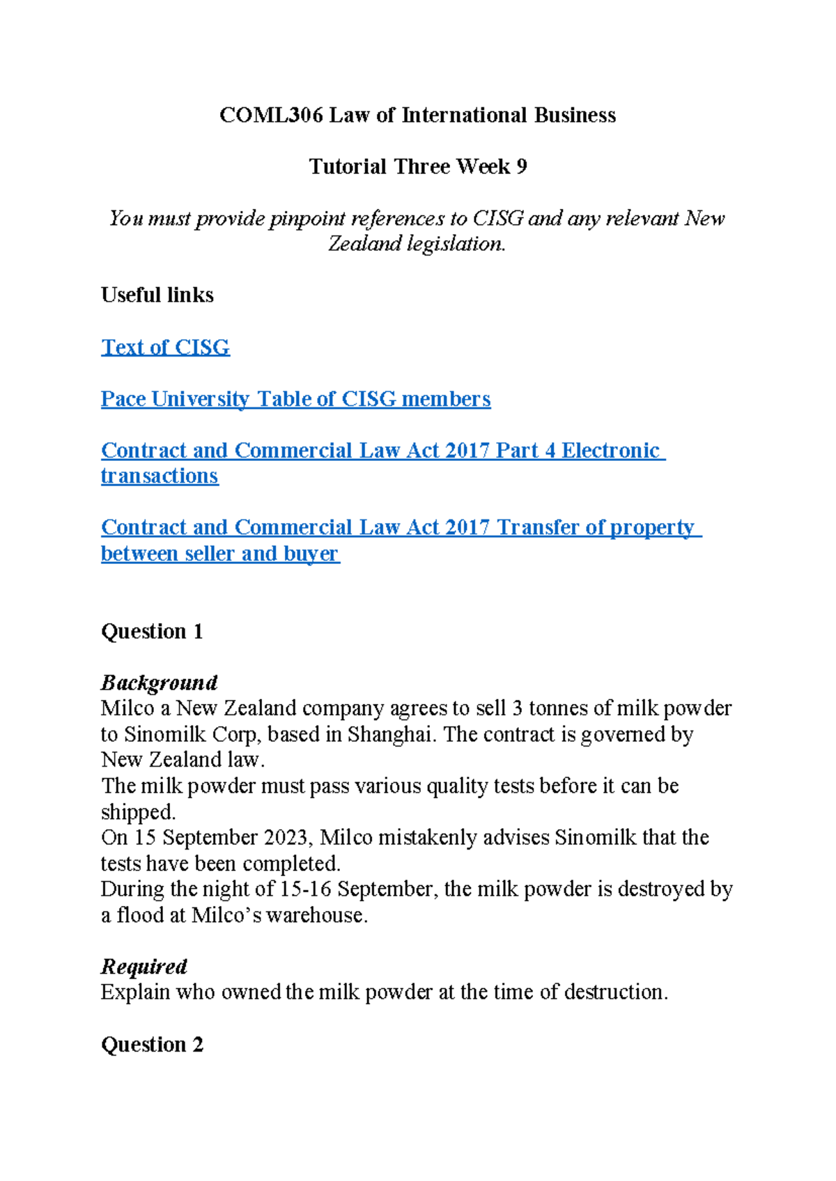 Tutorial 3 for COML 306 - COML306 Law of International Business ...