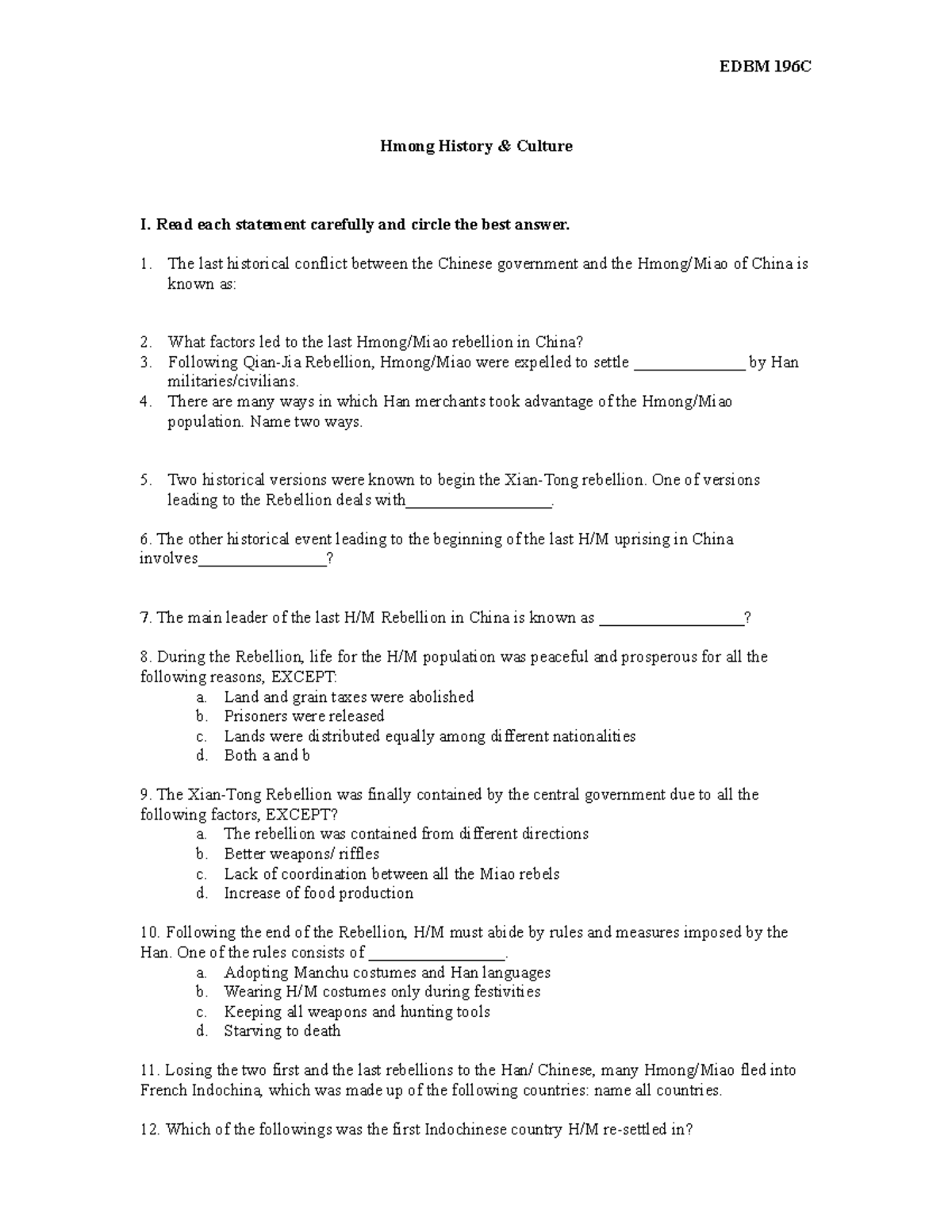 EDBM 196C Hmong History Culture I Quiz - Studocu
