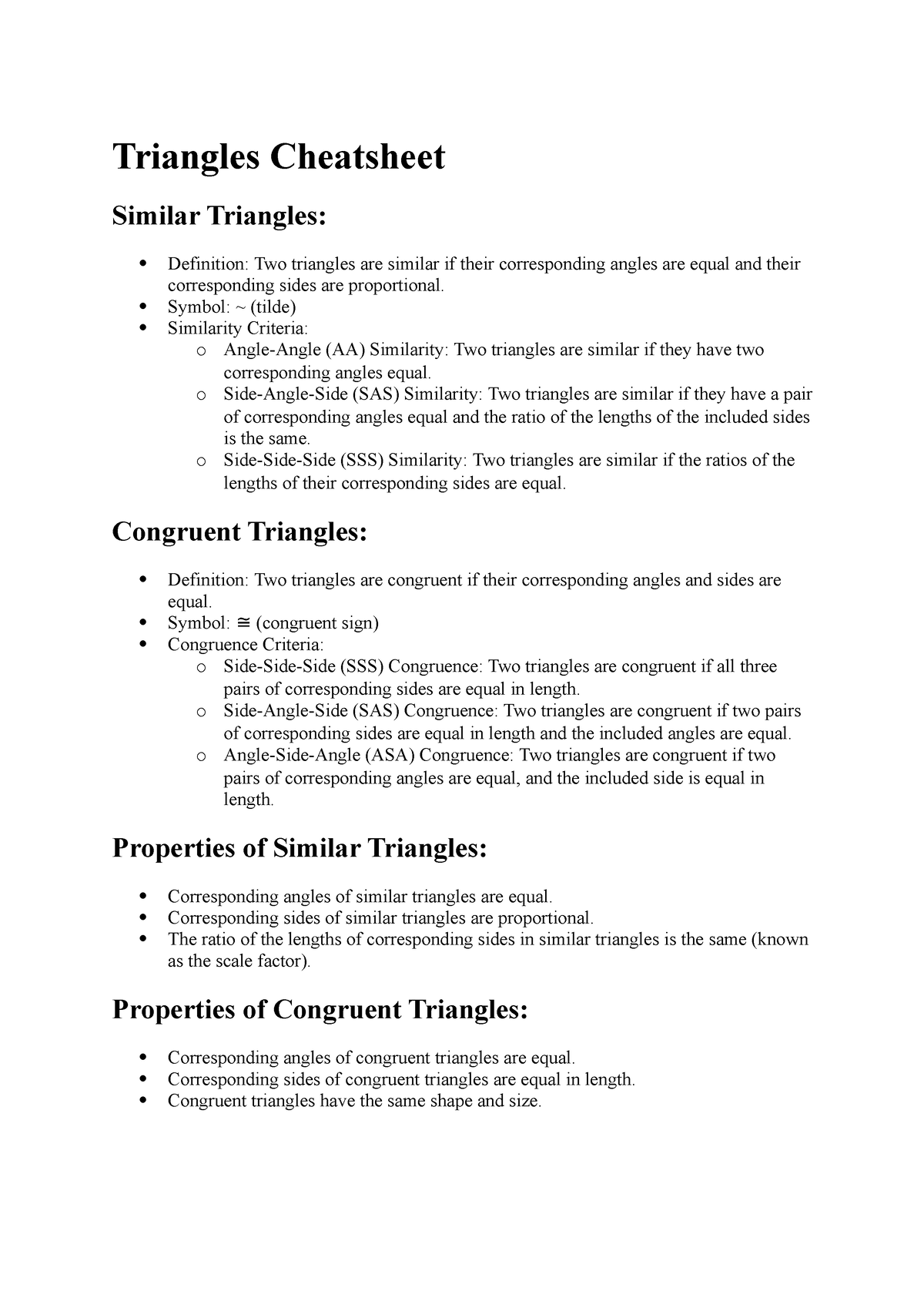 Triangles Cheatsheet - Triangles Cheatsheet Similar Triangles ...