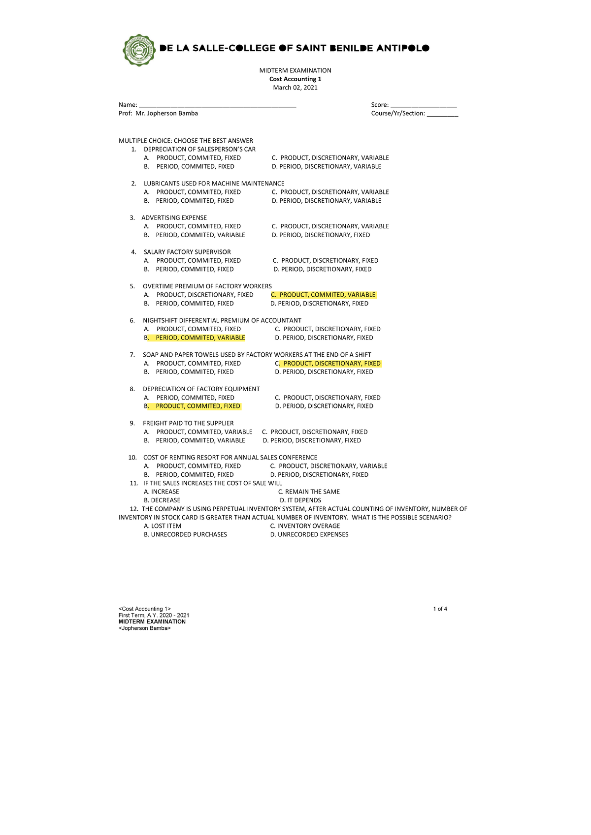 Midterm EXAM Costco 1 Practice Set 1 of 4 First Term, A. 2020
